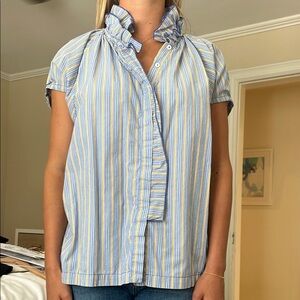 Blue and White Ruffled Bib Collar Blouse